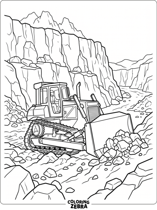 Bulldozer in a quarry with rock piles