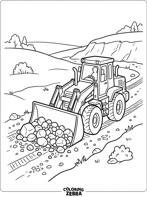 Bulldozer moving rocks on a gravel path