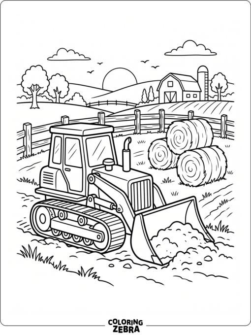 Bulldozer on a farm near hay bales