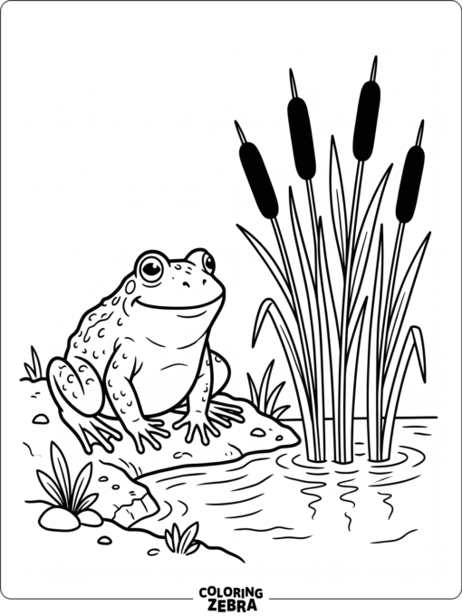 A bullfrog beside a pond with tall cattails
