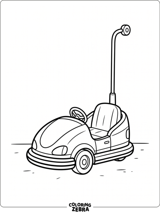 A bumper car with a curved front and roof pole