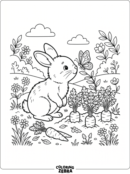 A bunny sniffing a butterfly near carrots