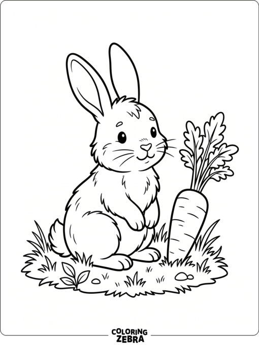 A bunny sits beside a carrot in a simple grassy scene