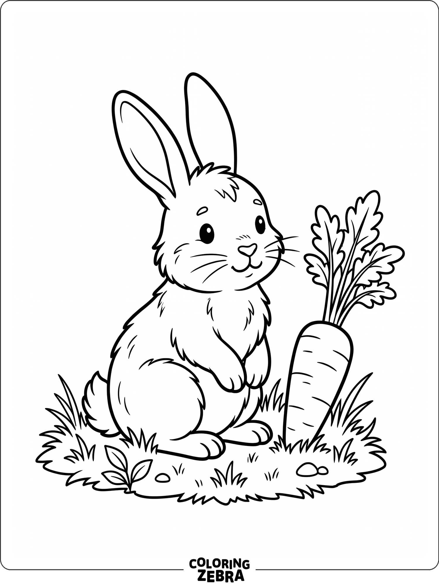 A bunny sits beside a carrot in a simple grassy scene