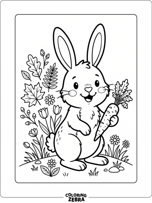 A bunny with a carrot and spring leaves