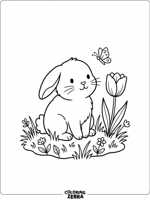 A bunny sitting on grass with a tulip