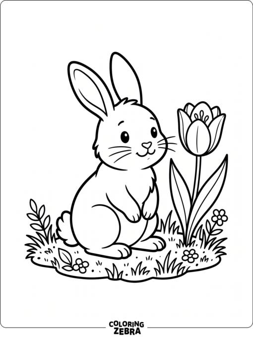 A bunny sitting on grass beside a tulip