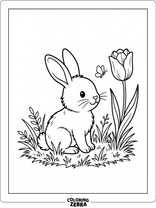 A bunny sitting on grass with a tulip