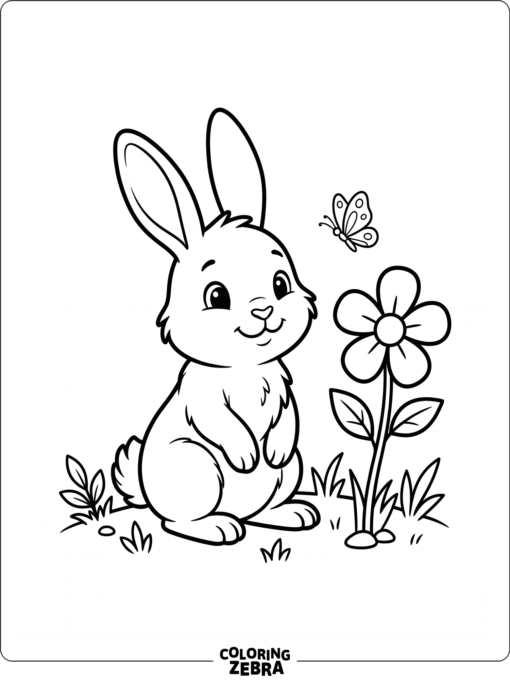 A bunny sitting beside a flower with a small butterfly
