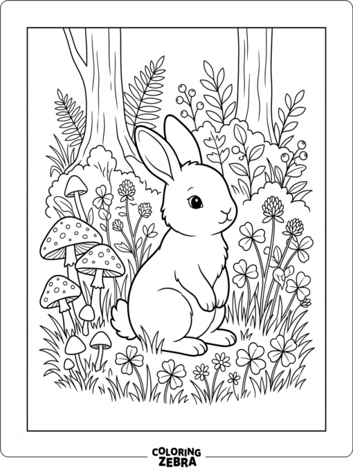 A bunny sitting in forest grass beside mushrooms