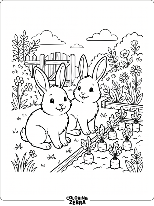 Two bunny rabbits sitting together near a carrot patch