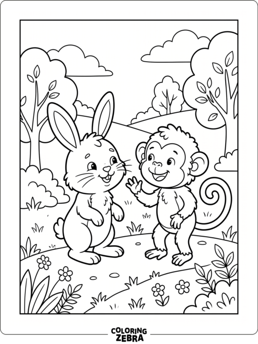 A bunny and monkey facing each other