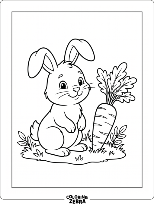 A bunny rests next to a carrot on a simple grassy patch
