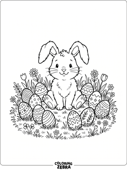 A bunny sitting among Easter eggs