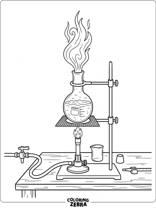 Un mechero Bunsen calentando un matraz sobre una mesa de laboratorio