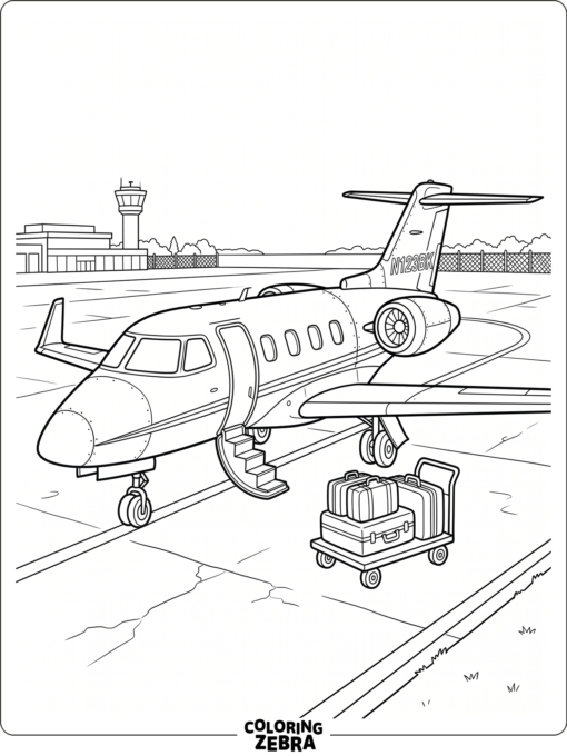 A business jet parked on the tarmac with a luggage cart