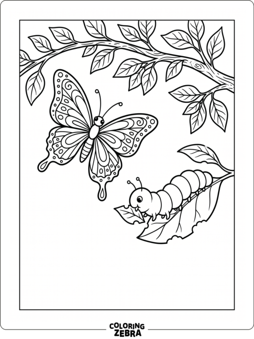 A butterfly above a caterpillar under leaves