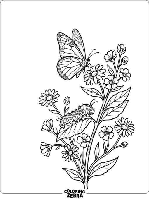 A butterfly flying above a caterpillar on flowers