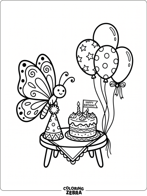A butterfly wearing a party hat near a cake and balloons
