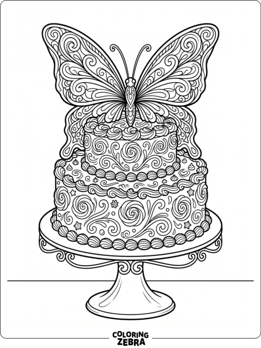 A butterfly cake with frosting swirls and decorative wings