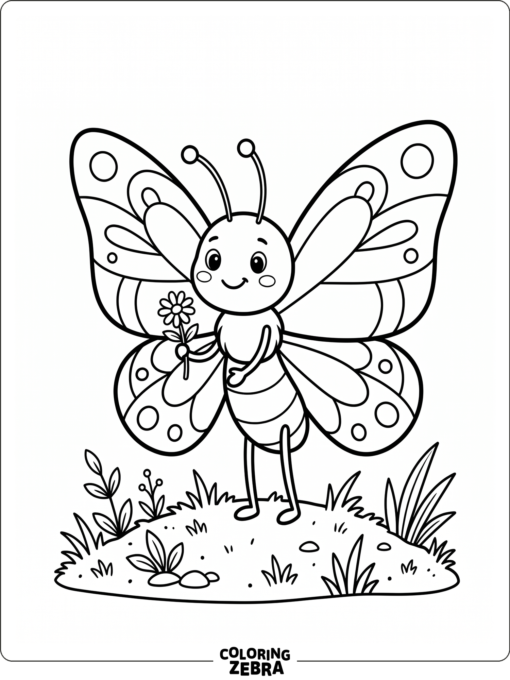 A friendly butterfly holding a tiny flower