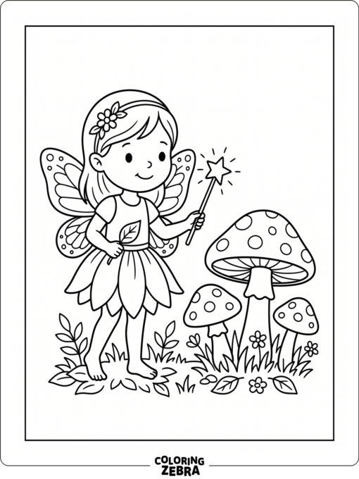 A butterfly fairy holding a wand near mushrooms