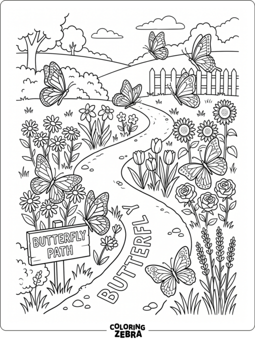A butterfly garden with flowers and paths