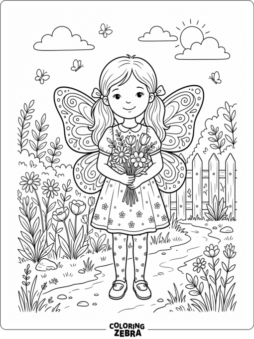 A girl with butterfly wings holding flowers