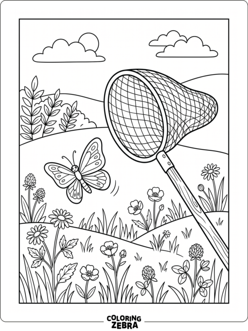 A butterfly net held near a butterfly in a meadow
