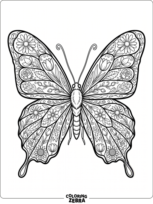 Butterfly wings filled with repeating floral patterns