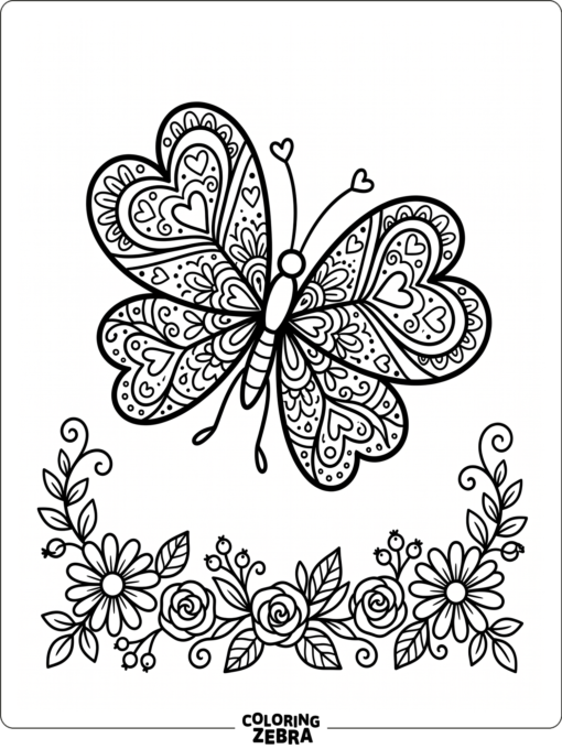 A butterfly with heart details on its wings floats above flowers