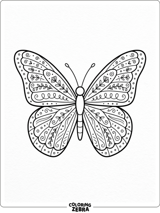 A butterfly with swirls, dots, and leafy details