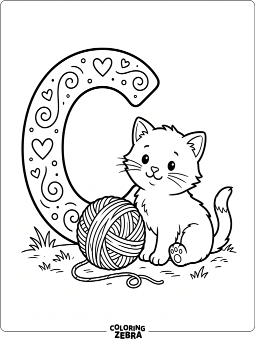 A kitten beside the letter C and a ball of yarn