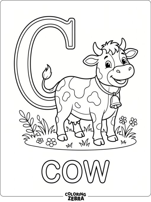 Una vaca junto a una gran letra C