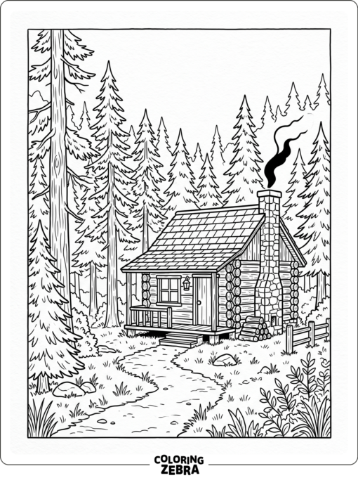 A cabin in the woods surrounded by pine trees