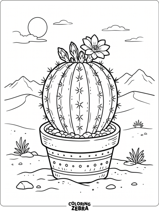 Spiky cactus plant in a pot with a small desert background