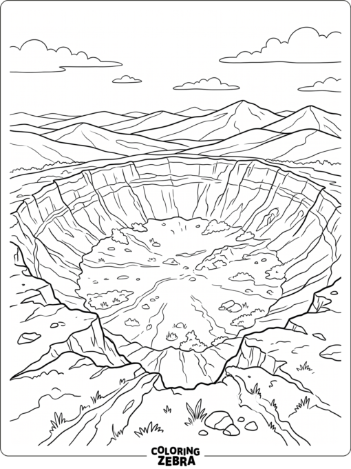 A wide caldera surrounded by distant hills