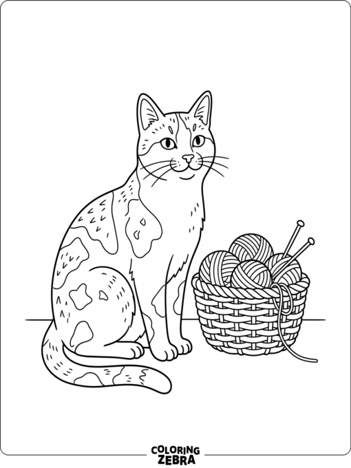 A calico cat beside a basket of yarn