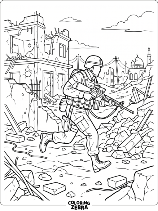soldier running through ruined walls