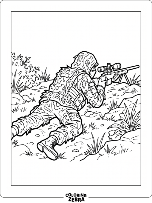 Sniper in camouflage lying prone with rifle