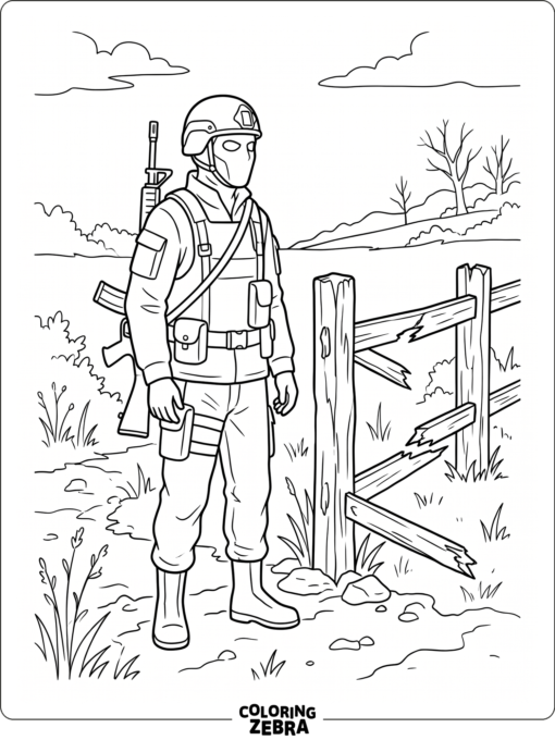 masked soldier beside a broken fence