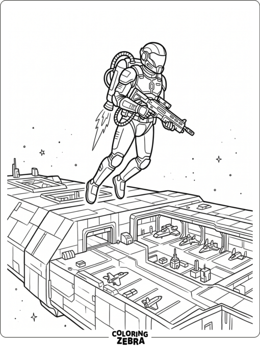 futuristic soldier in a spacecraft hangar