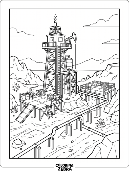 Rust map with an oil tower and desert pipes