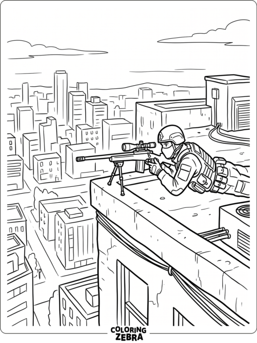 Sniper in tactical gear aiming from a rooftop