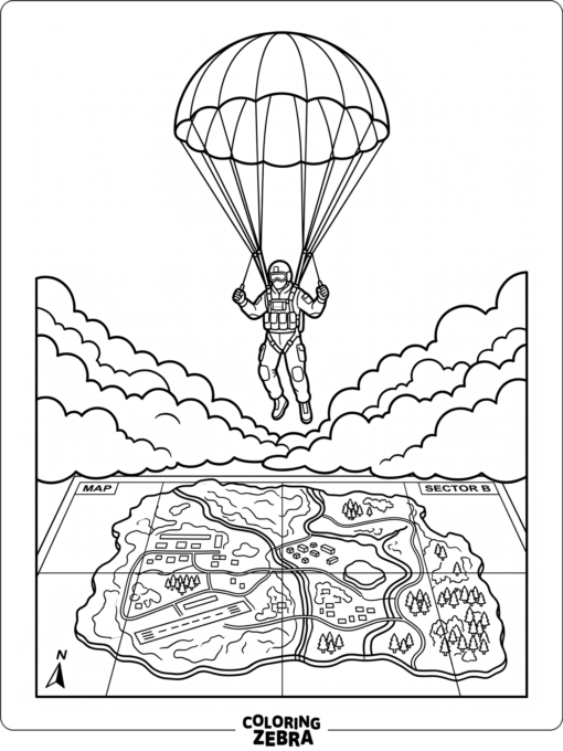 Warzone soldier parachuting over a map
