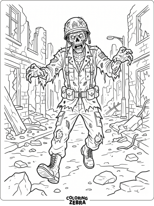 zombie soldier reaching through rubble