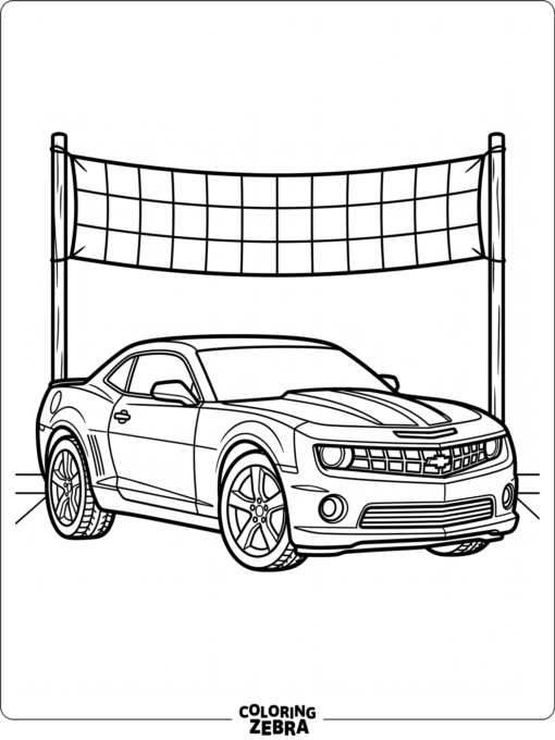A Camaro SS parked beneath a checkered flag