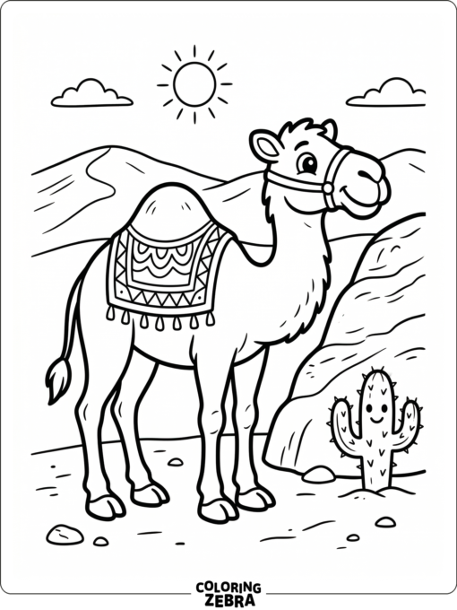 A cartoon camel waves near a cactus and desert rock