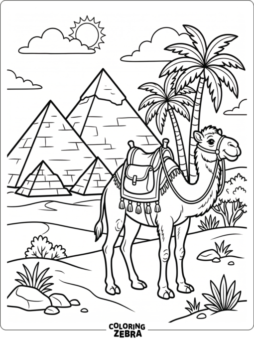 A camel in front of pyramids and palm trees in Egypt