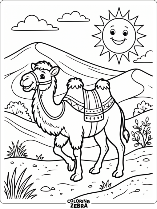 A camel walks through desert dunes under a bright sun